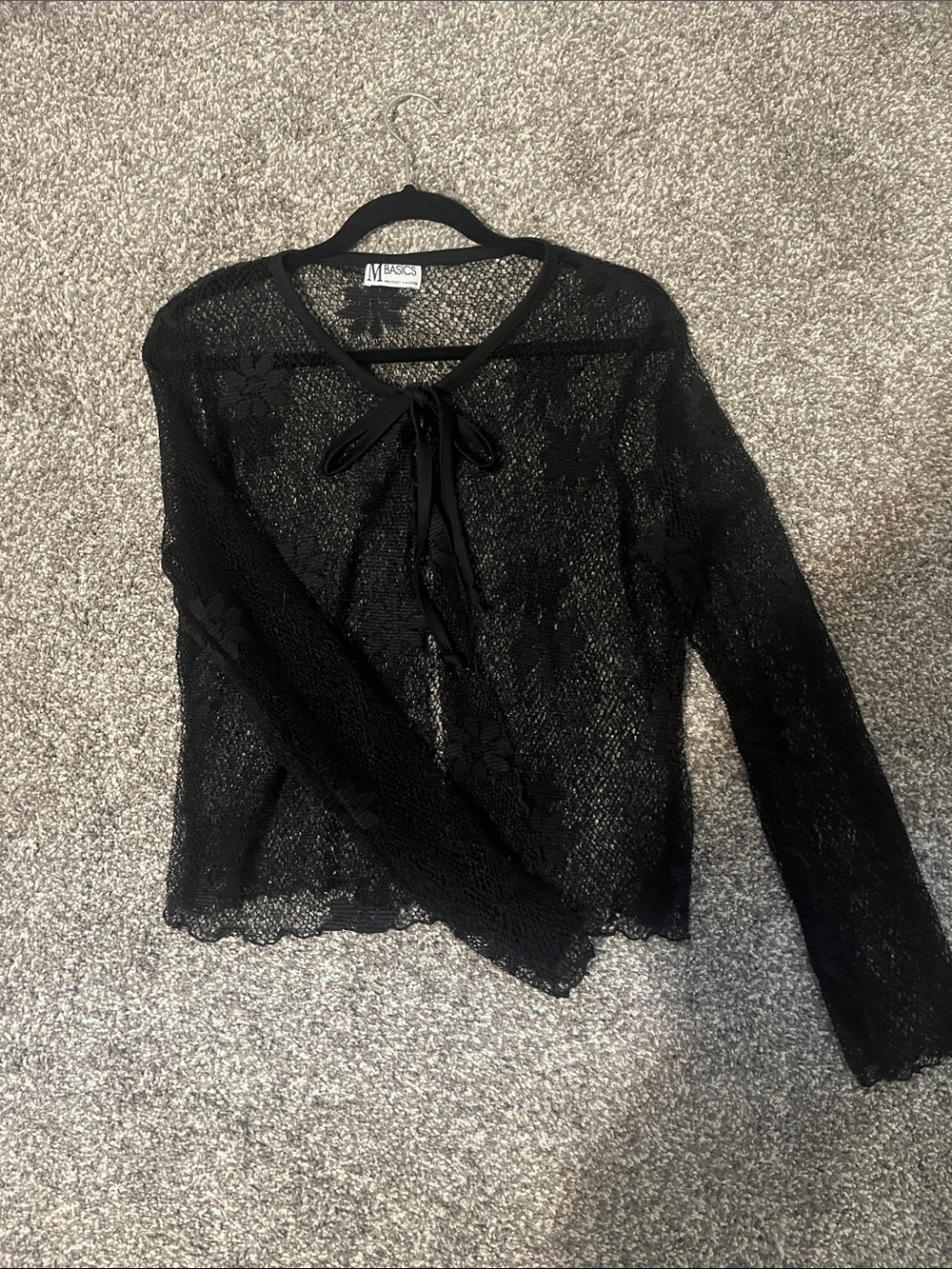 Black Sheer Lace Floral Tie-Neck Long Sleeve Cardigan Top